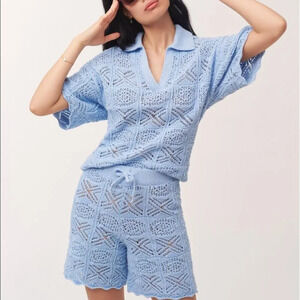 Mango SET Oversized Crochet Sweater & Shorts Blue Size Small